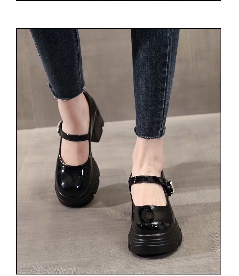 Giày sandal cao gót nữ quai ngang gót thô đế dày tăng chiều cao phong cách học đường — Màu be, Màu đen chi tiết 12