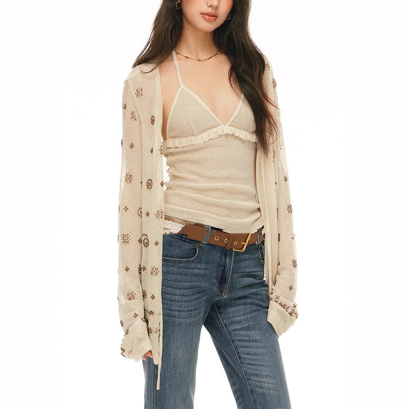 In Stock: Resort-Style Semi-Sheer Knit Cardigan and Camisole Set for Women, Summer Long Skirt In Stock: Resort-Style Semi-Sheer Knit Cardigan and Camisole Set for Women, Summer Long Skirt
