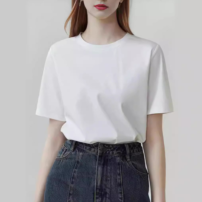 Fanslanen Right Shoulder Short-Sleeved T-Shirt for Women Summer Simple Black and White Pure Color Round Neck Top Fanslanen Right Shoulder Short-Sleeved T-Shirt for Women Summer Simple Black and White Pure Color Round Neck Top