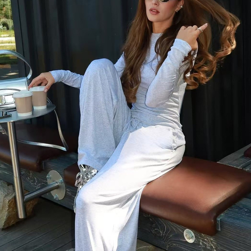 European and American Cross-Border Women's Knitted Wide-Leg Pants Round Neck Long-Sleeved T-Shirt Suit Two-Piece Casual Sports Home Wear for Women