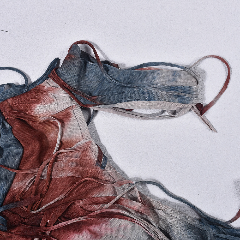 Tassel Ripped Contrast Color Sexy Cropped Tie Dyed Wansheng Set for Women