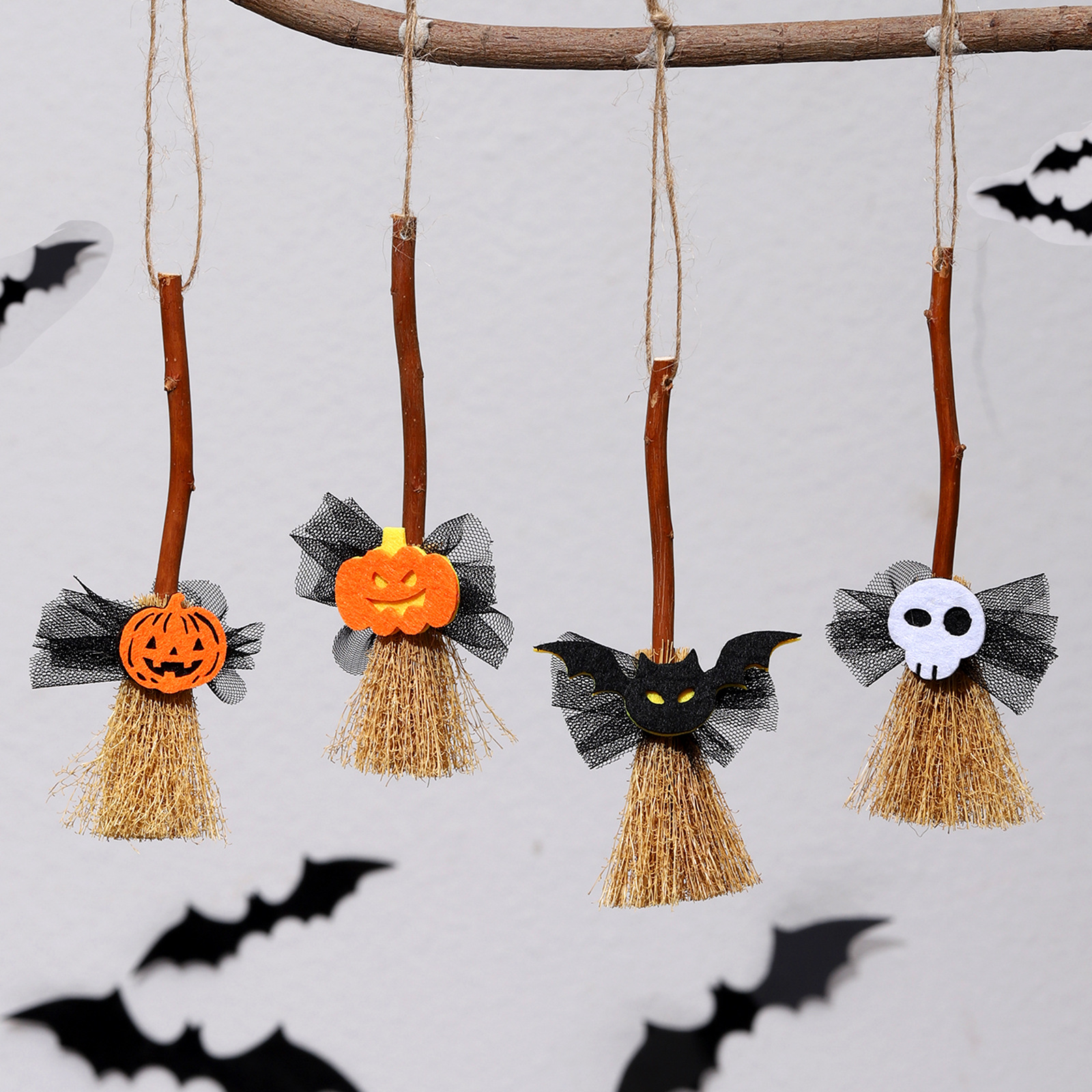 跨境万圣节扫把小扫帚黑蝴蝶结南瓜小布娃娃屋配件迷你扫把扫帚