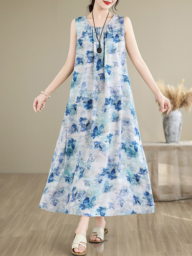 New style seaside vacation style waist waist sleeveless cotton silk dress for women's large size to show slimming and fat mm beach suspender long skirt