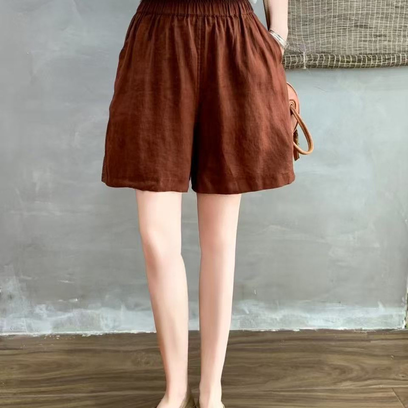 2025 Summer Casual Shorts Women's New Solid Color Wide-Leg Shorts Linen High-Waist Slimming Loose Five-Point Pants Slimming