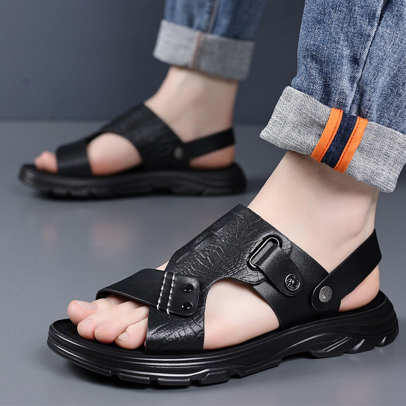 Dép sandal nam quai ngang mũi tròn, đế bằng mềm chống trượt, kiểu hở ngón đi biển và đi ngoài trời — Màu nâu, màu đen