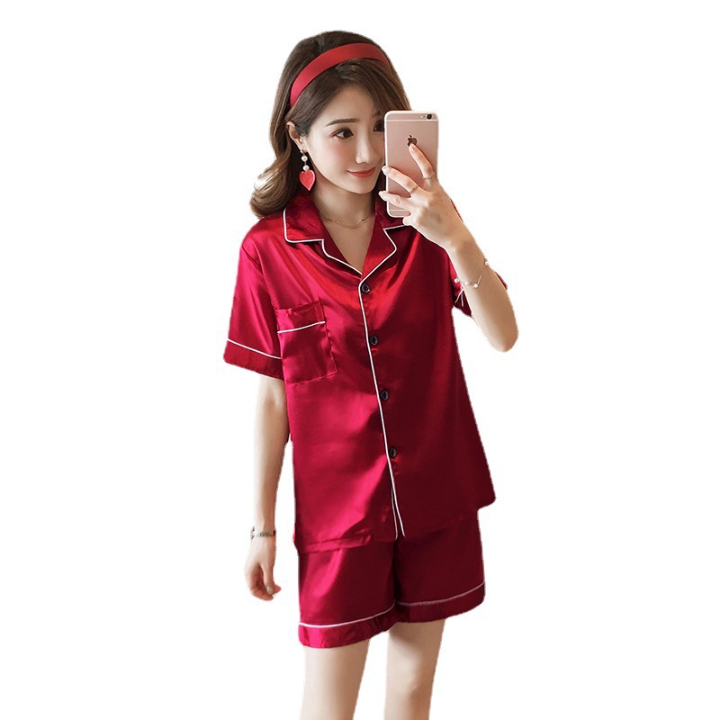 Pijamas de manga corta de seda artificial color sólido verano 2024 verano dulce lindo hielo seda color sólido verano ropa para el hogar