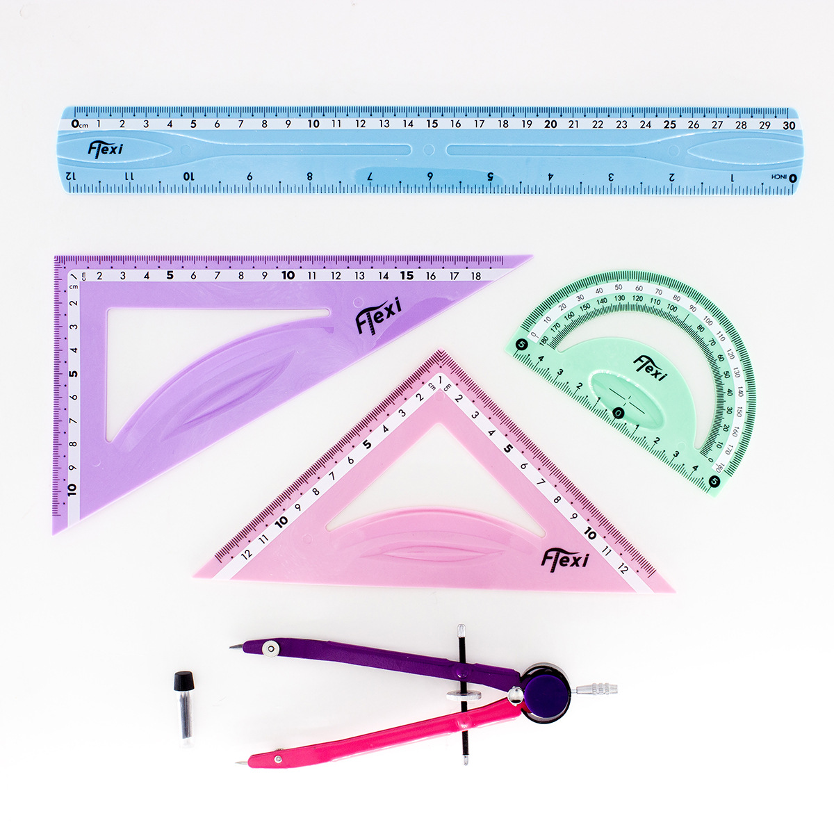 外贸30cm马卡龙PVC耐折软尺六件套LOGO定制金属圆规套装厂家直销