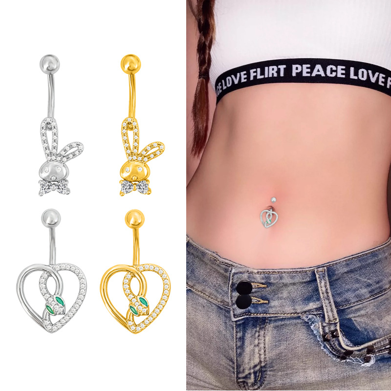European American Sexy Heart-shaped And Snake-shaped Stainless Steel Rings, Cute Rabbit Inlaid With Zircon, Navel_voghion.com