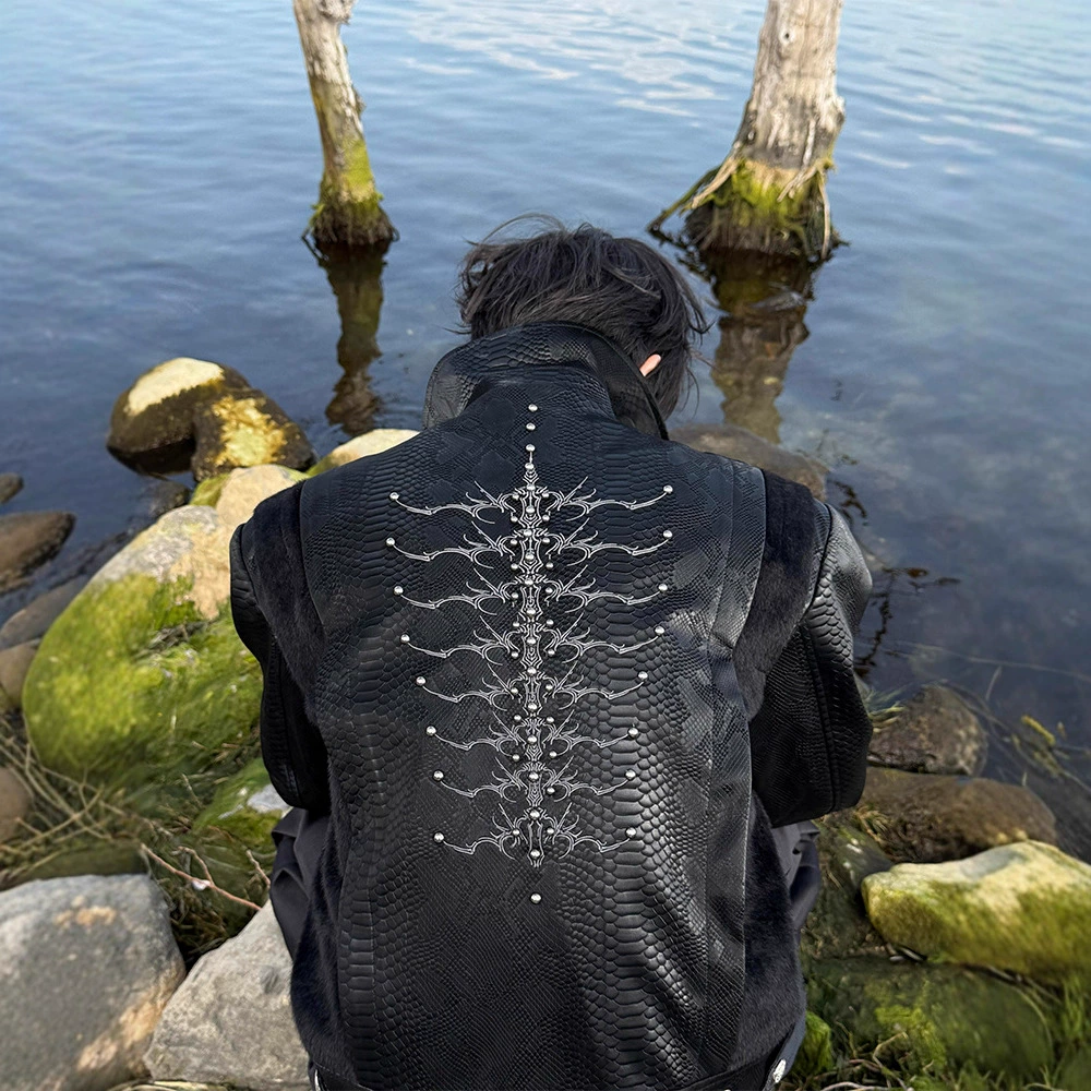 cleanfit蛇瞳脊骨PU皮外套男款春季美式高街短款小众蛇纹拼接夹克