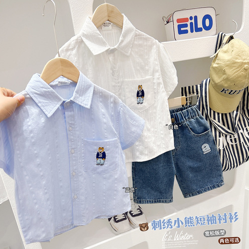 Boys Summer Short Sleeve Shirt 2024 New Children's Cardigan Baby Solid Color Shirt Korean Style Loose Cartoon Top