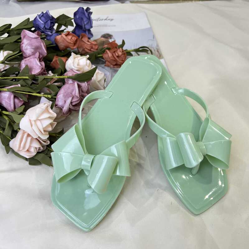 Melisa macaron outdoor slippers double-layer bow square toe smooth shiny jelly flip flops