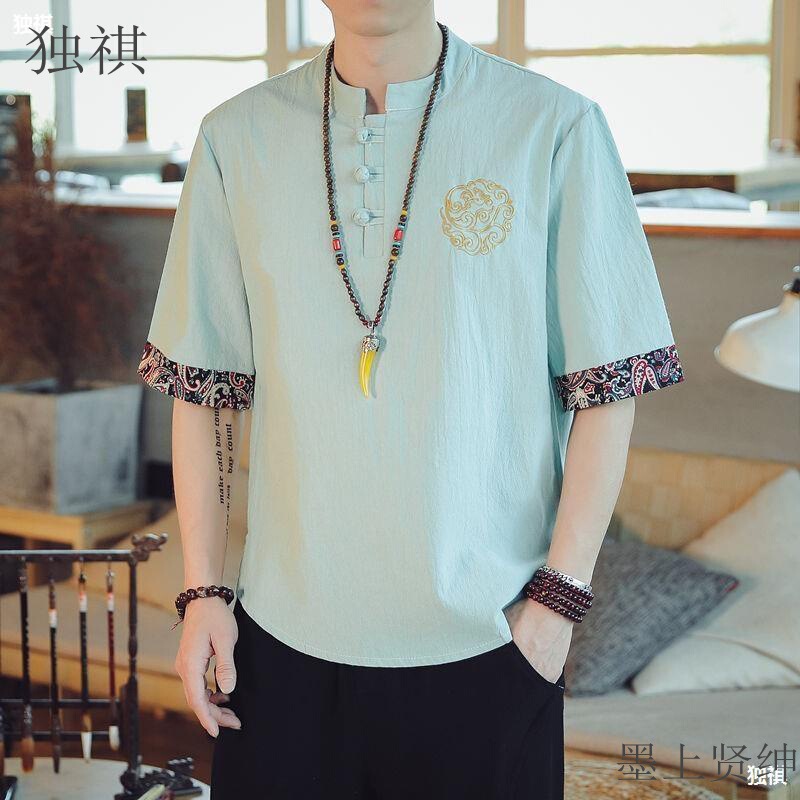 Chinese Style Button Linen Shirt Men's Short-sleeved T-shirt Chinese Tang Coat Cotton and Linen Retro Style Men's Casual Top