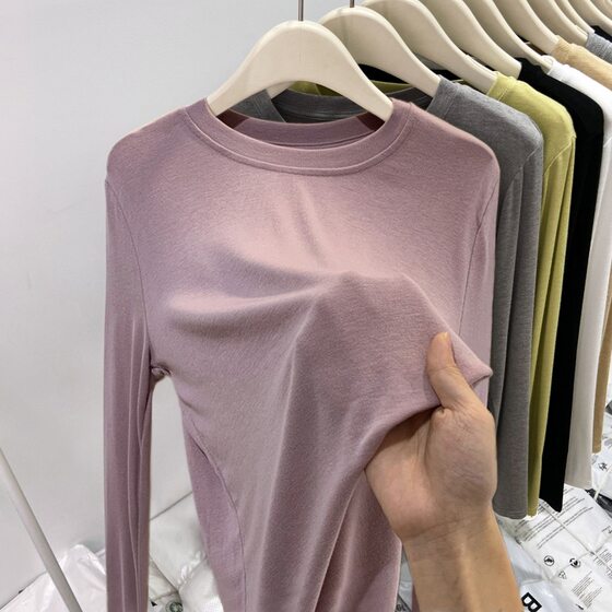 European Soft Waxy Mask T-shirt Women's Slim-fit Elastic Simple Top Autumn 2024 Korean-style Long-sleeved Inner Base Shirt