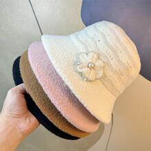 韩版盆帽2024新款女秋冬洋气可折叠时尚百搭保暖珍珠花朵渔夫帽潮
