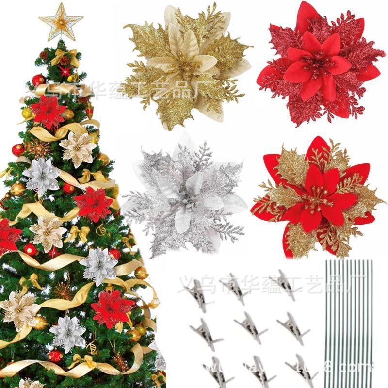 Flores de Navidad transfronterizas decoraciones de Navidad guirnaldas árbol de Navidad polvo de oro clip de plástico alambre atmósfera de Navidad