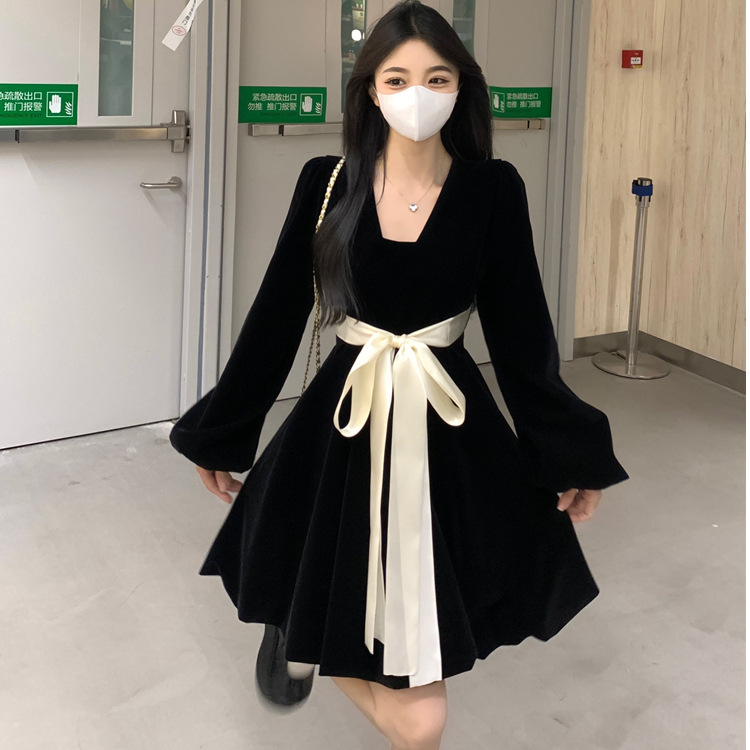 롱 | 숏 벨벳 드레스 여성용 플러스 사이즈 뚱뚱한 프렌치 헵번 스타일 블랙 레트로 학생 워드 스커트