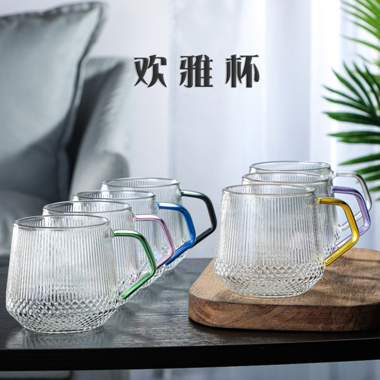 High Borosilicate Glass Cup with Textured Design, Suitable for Home Use, Milk, Juice, and Water Drinking Cup, Colorful Handle, Vertical Stripe Cup, Heat-Resistant Glass Cup