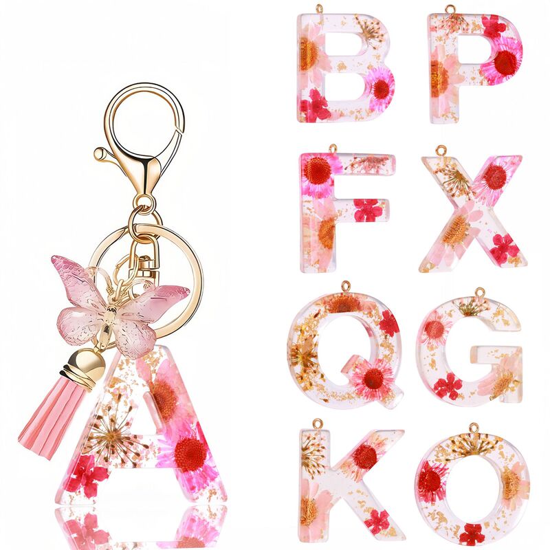 New letter keychain pink daisy dried flower crystal epoxy pendant butterfly tassel key chain ladies