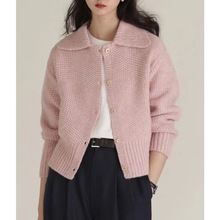 2/26支厚实感粗针菠萝纹粉色羊毛针织开衫外套女毛衣