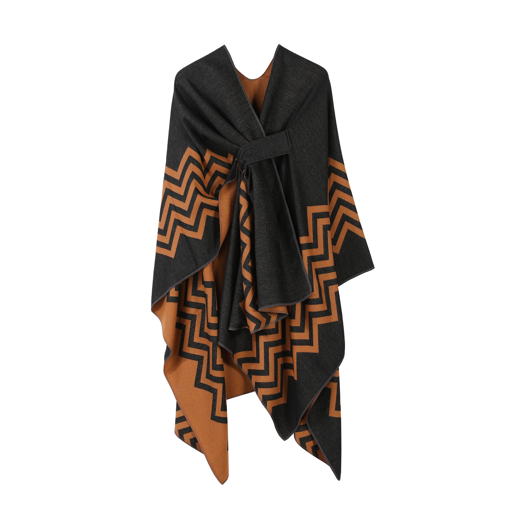 Chal de capa de doble cara lisa europea y americana con marco de puerta a rayas para mujer