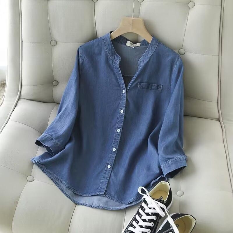 Spring and Summer Thin Tencel Denim V-Neck Three-Quarter Sleeve Shirt for Women, Loose Korean Style Soft Shirt, Casual Top Spring and Summer Thin Tencel Denim V-Neck Three-Quarter Sleeve Shirt for Women, Loose Korean Style Soft Shirt, Casual Top