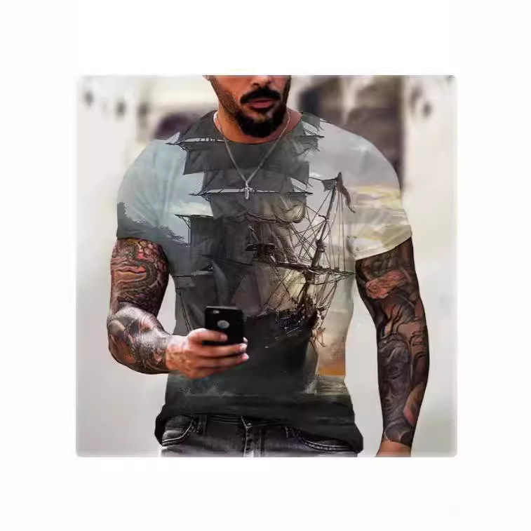 VinTage Men's T ShirT PiraTe Ship 3D PrinTeD O-neck ShorT Sleeve OversizeD T ShirT FacTory DirecT Supply