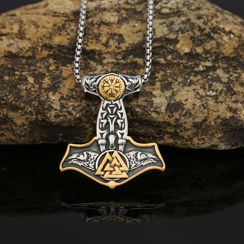 Viking Thor Hammer Titanium Pendant Necklace For Men Stainless_voghion.com