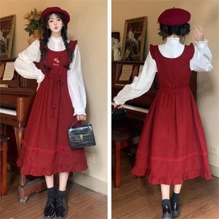 Plus Size Sweet Preppy Style Shirt Dress Suit for Women Autumn and Winter Fat mm Red Cherry Vest Long Skirt Two-Piece Set