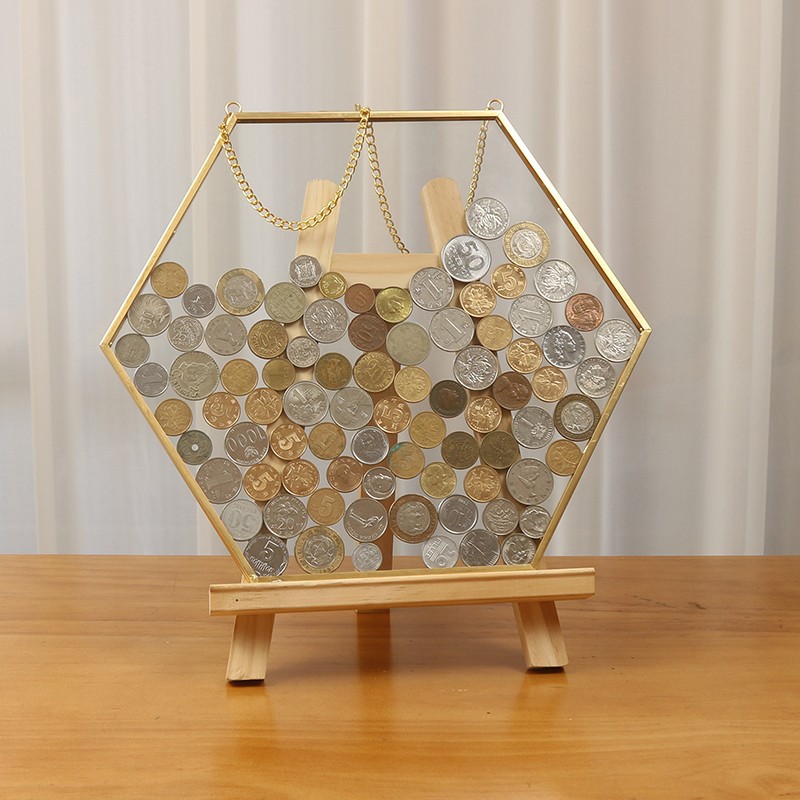 YO3H批发简约复古六边形硬币展示框收藏玻璃透明相框挂墙装饰收纳