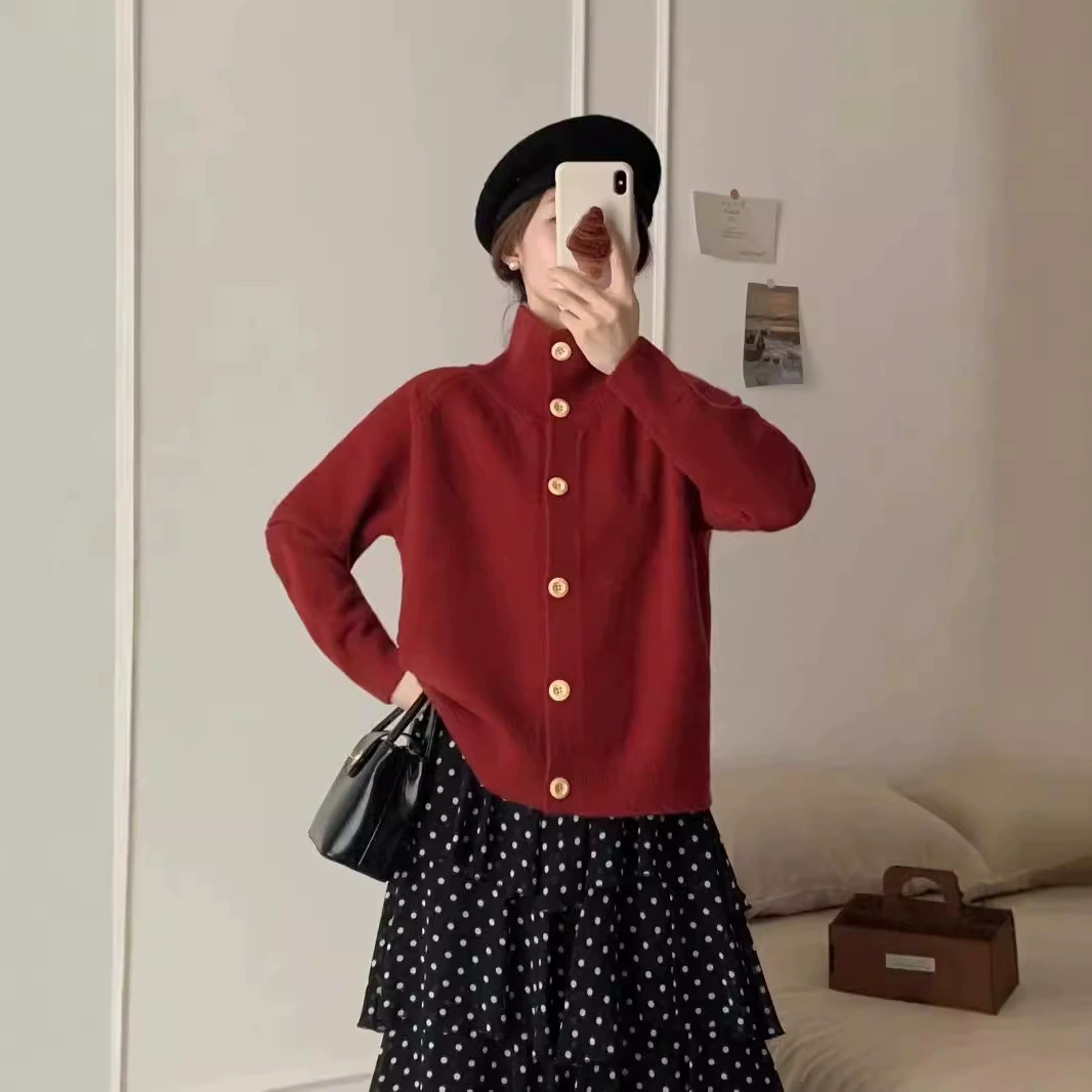 Ретро оранжевый вязаный кардиган с пряжкой и воротником