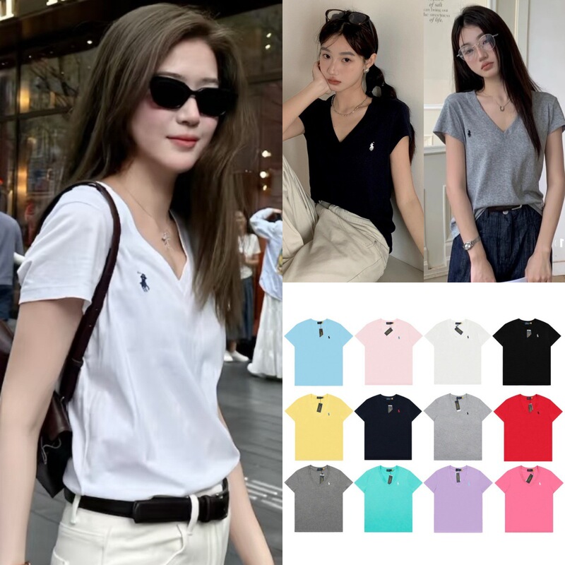 Rl Ralph Polo Pony Logo Embroidered V-Neck Short-Sleeve T-Shirt for Men and Women, Pure Cotton, Old Money Casual Top, Can Be Scanned for Code, Versatile