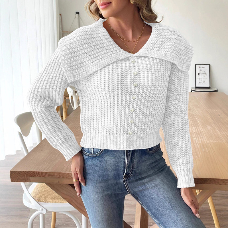 Women's Short Woolen Top Pearl Beaded Navy Collar Sweater Cross-Border European and American Clothing Autumn and Winter Pullover Sweater Women's Short Woolen Top Pearl Beaded Navy Collar Sweater Cross-Border European and American Clothing Autumn and Winter Pullover Sweater