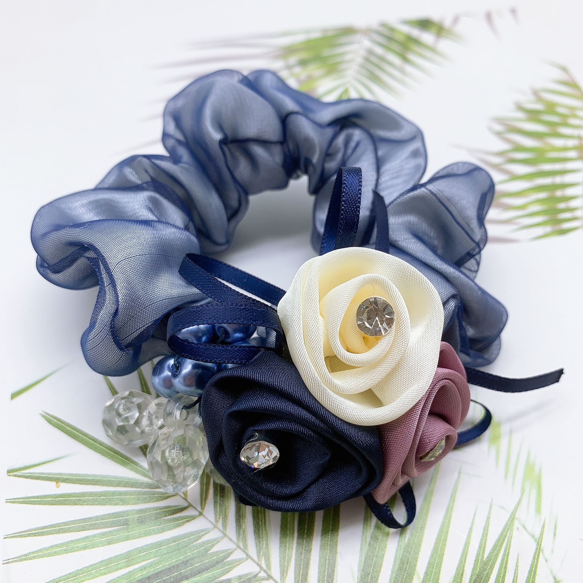 Estilo coreano tocado flor updo anillo de pelo hecho a mano rosa gran intestino cabeza anillo colgante cristal impreso hilo de seda cuerda de pelo accesorios para el cabello