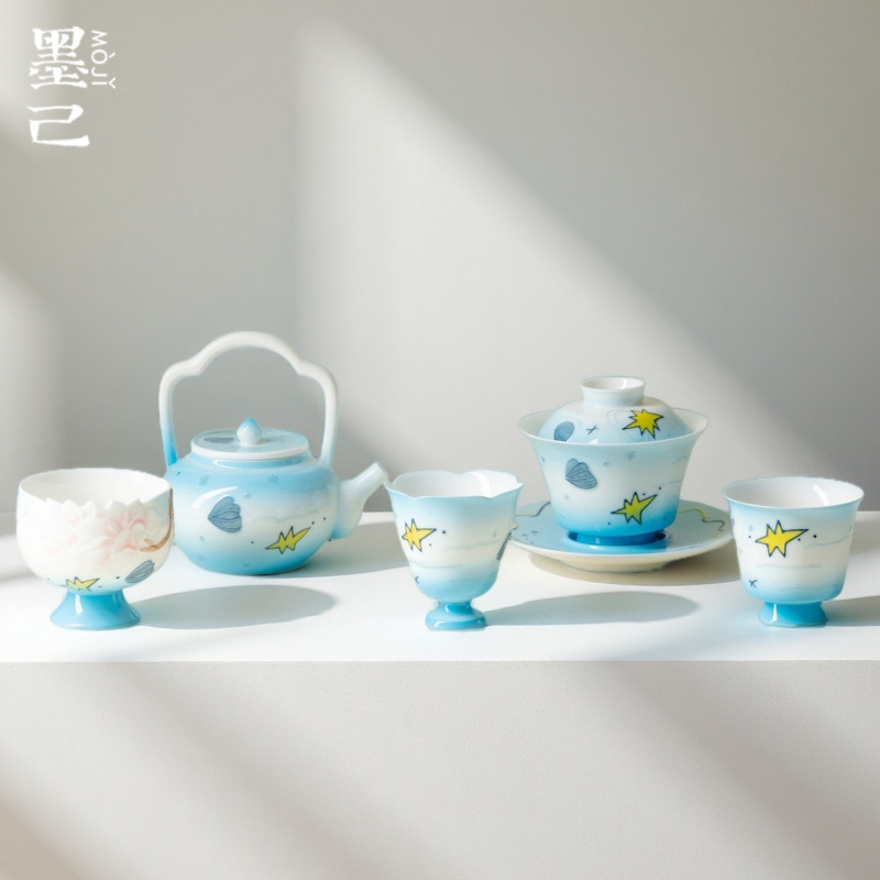 Moji Jade Mud Underwater World Hand-Painted Cute and Cute Home Tea Set Ceramic Kung Fu Tea Set Teapot Cover Bowl Tea Cup