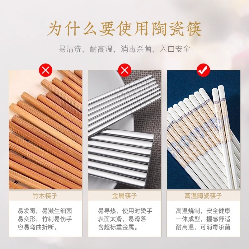景德镇陶瓷筷子易清洗防滑家用10双装防霉抗摔耐高温强化瓷公筷子|undefined