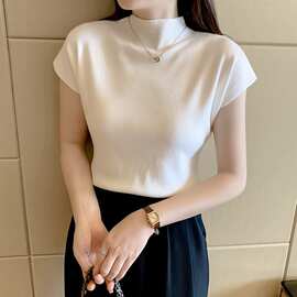 包芯纱春夏半高领打底衫短袖针织衫背心女内搭短款飞飞袖外穿上衣