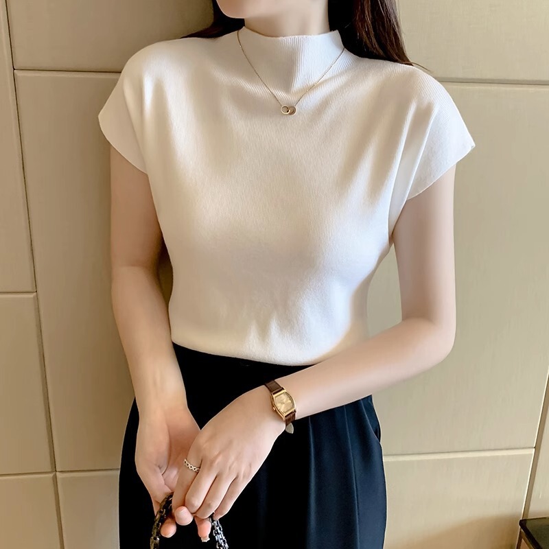 Ice Cool Silk Spring and Summer Half High Collar Base Shirt Short-sleeved Knitted Shirt Vest Women's Inner Short Bat-sleeved Outer Wear Top