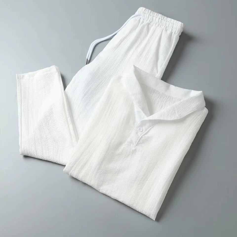 Men's Ethnic Style Ice Silk Thin Short Sleeve T-Shirt Casual Plus Size Loose Top Mid Sleeve Set Summer Sports Two Piece_viptrois.com