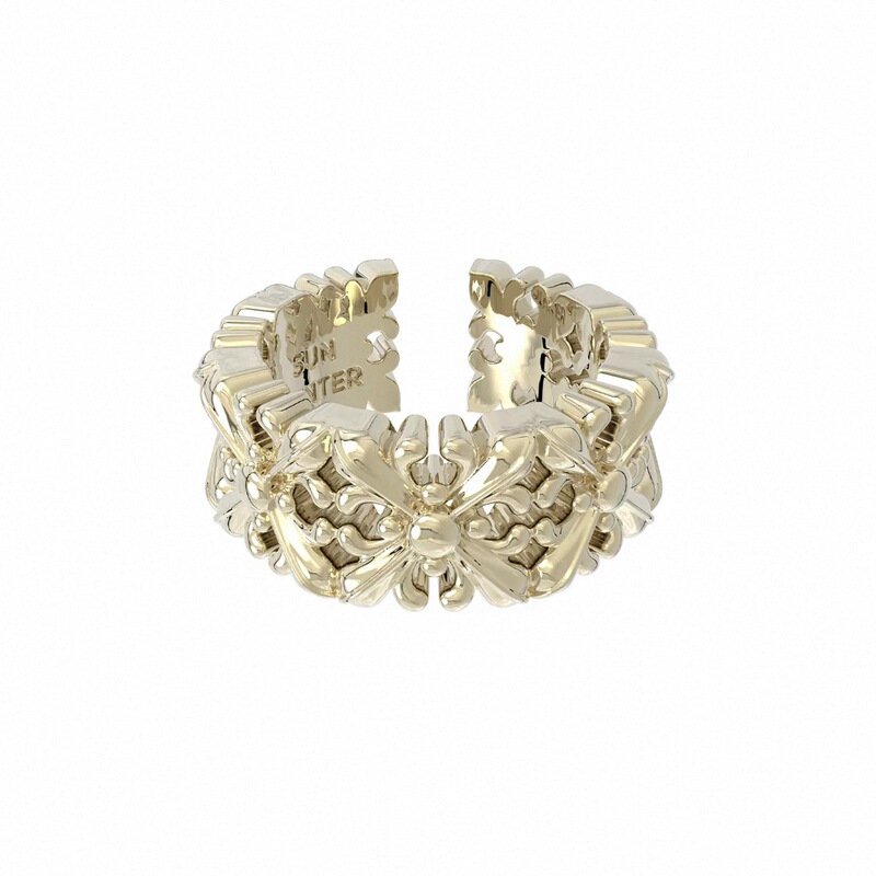 Hengjia Jewelry's Same Style Titanium Gold Iris Flower Full-Circle Ring, Open Vintage Light Luxury Maillard Jewelry for Niche Women