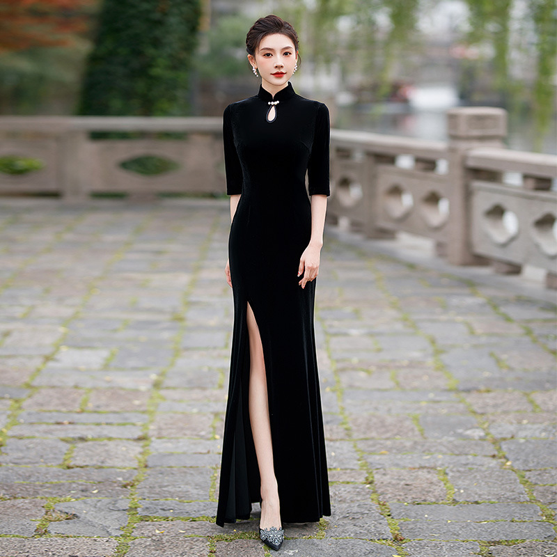 8865 Winter New Black Velvet Sequin Stage Catwalk Cheongsam Skirt Retro Three Quarter Sleeve Slim Dance Cheongsam