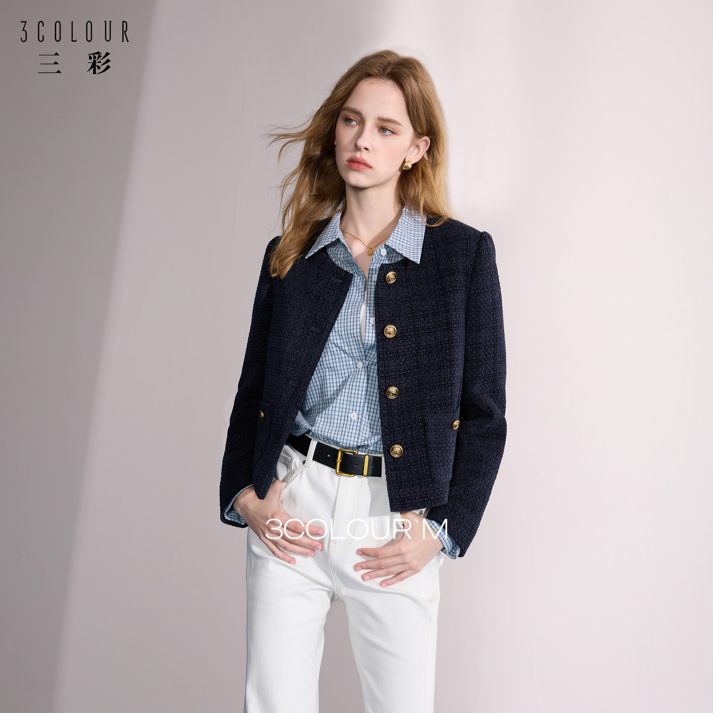 Gold Button Slim Outwear Navy Blue Autumn Outwear Women's Tweed Outwear Short Jacket Woman