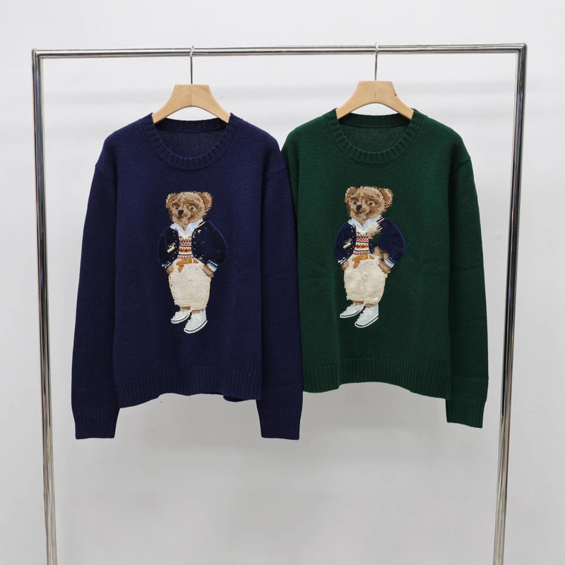 Foreign Trade Autumn and Winter Style Wool Cartoon Bear Heavy Embroidery Round Neck Preppy Style Age-Reducing Versatile Sweater for Women A60
