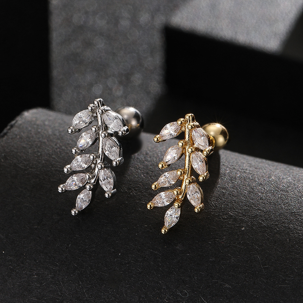 Elegant 18K Gold Plated Titanium Steel Screw Rod Ear Bone Nails Leaf Cross Cartilage Earrings High-End Niche Ear Jewelry detail image 7