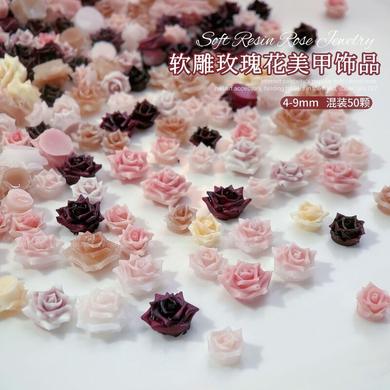 Mixed soft carved rose nail jewelry explosive resin halo gradient rose camellia nail jewelry wholesale
