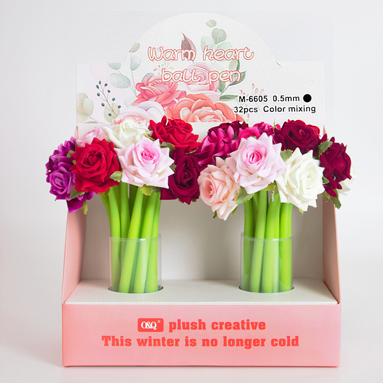 创意摆件玫瑰花中性笔 ins批发新款跨境礼品硅胶解压写字水性笔