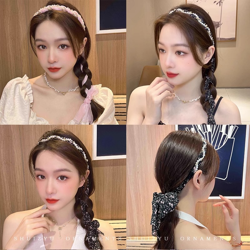 Elegante banda de pelo de perla borla cinta de pelo trenzado pelo vinculante de una pieza diadema verano diario desgaste exterior cabello vinculante cinta tocado
