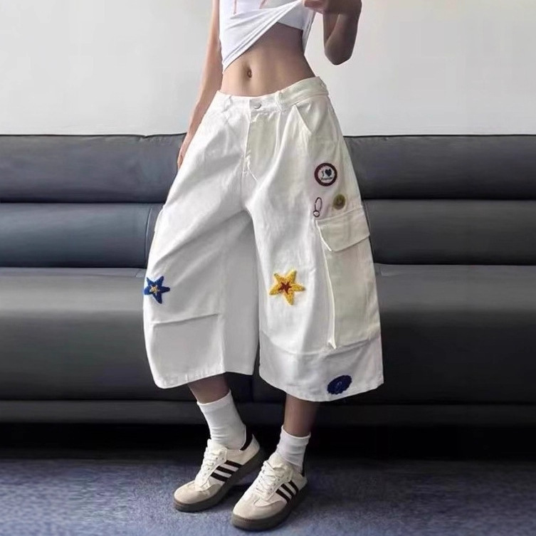 Star Embroidered Workwear White Cropped Pants for Women Summer Thin American Multi-Pocket Jeans Loose 2025 New Style