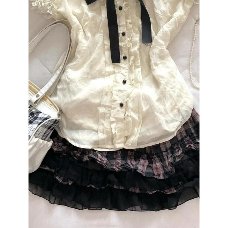 套装女2025夏季新款Vintage古着感花苞短袖衬衫拼接短裙气质套装|undefined