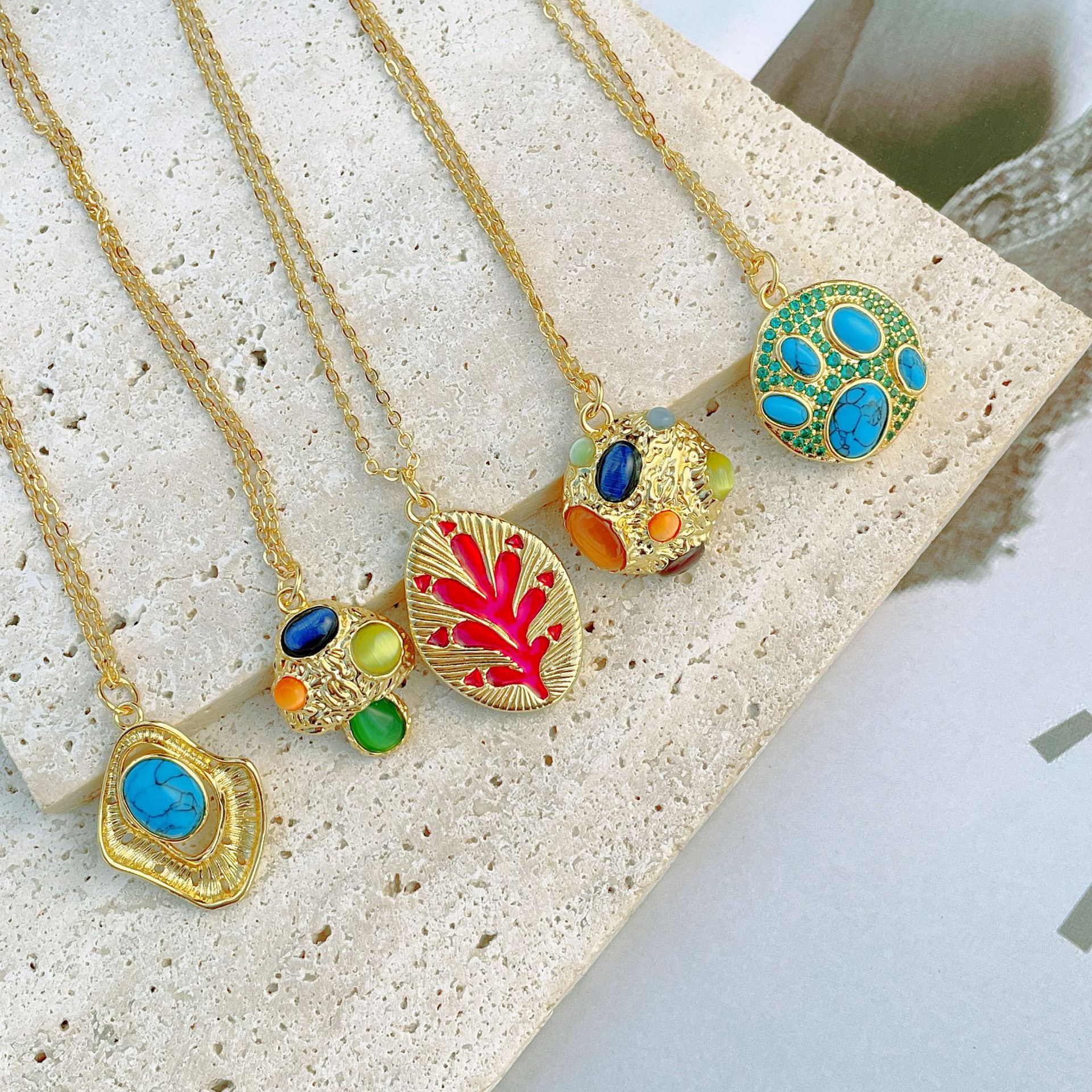 Retro Irregular Geometric Copper Gold Plated Ellipse Plating Natural Stone Pendant Necklace