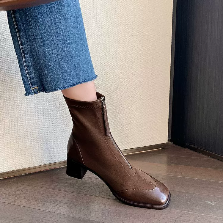 Винтажные сапоги на высоком каблуке женские 2024 застежки-молнии до осени и зимы модные простые дикие тощие сапоги модные сапоги плюс бархатные сапоги